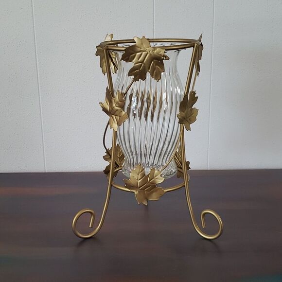 Pretty Gold Stand Leaf Design Vase/Candle Holder with Glass Container - Picture 2 of 3